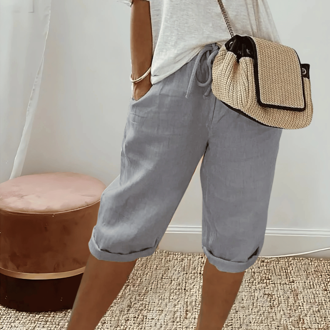 Knielange Shorts aus Baumwollleinen für Damen