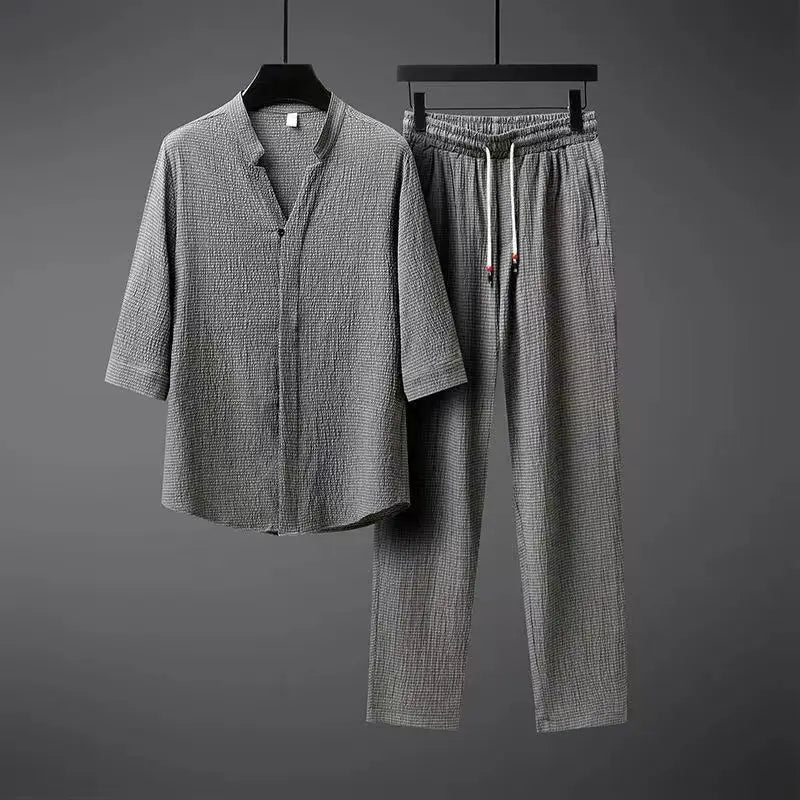 Vintage-Leinen-Trainingsanzug für Herren, 2-teiliges Set