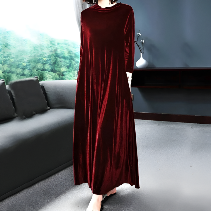 Weinrotes Langarmkleid aus Samt für Damen