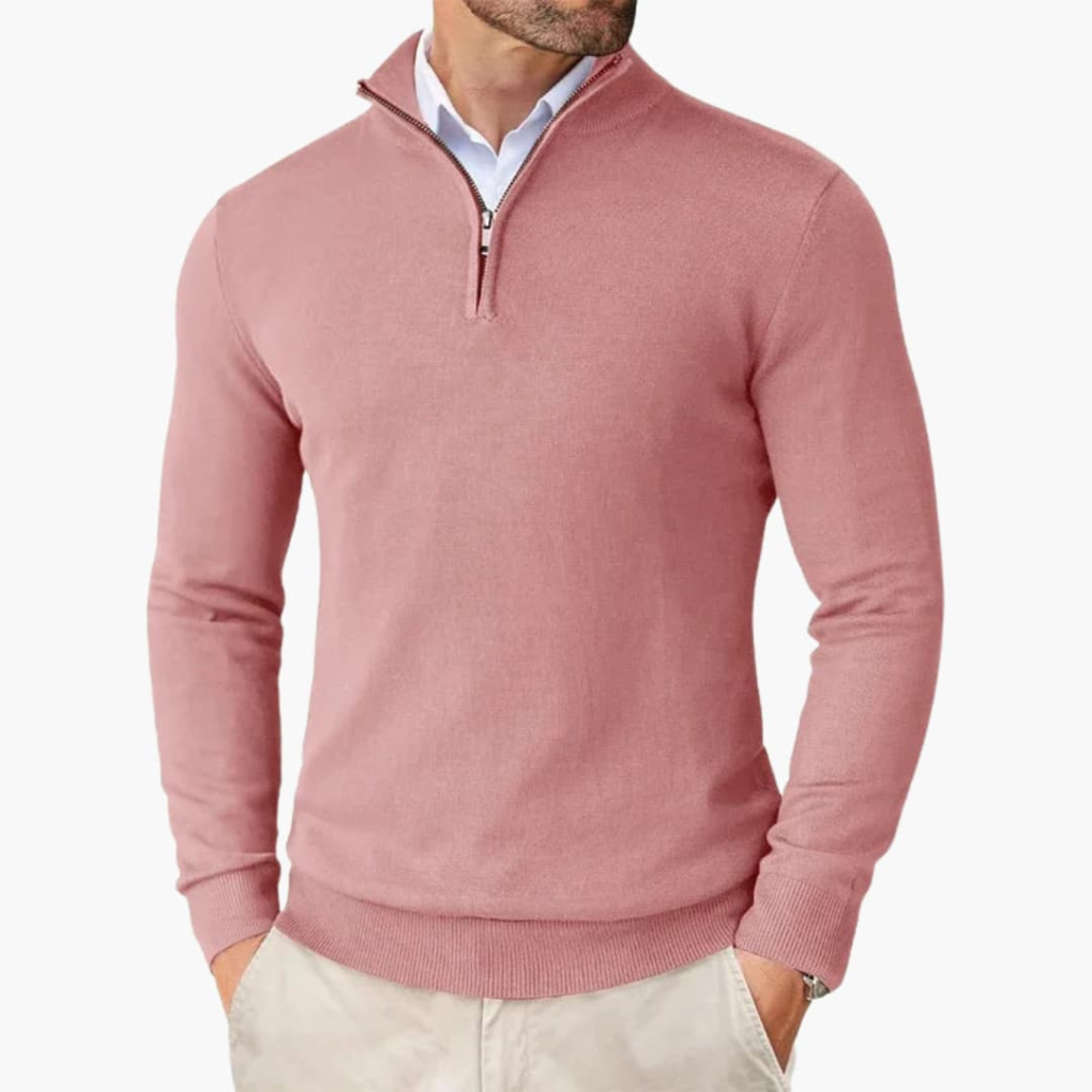 Herrenpullover mit Viertelreißverschluss und geripptem Saum