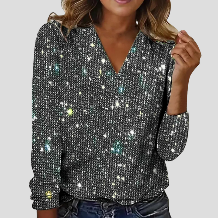 Elegante Bluse mit V-Ausschnitt und Glitzer sowie langen Ärmeln