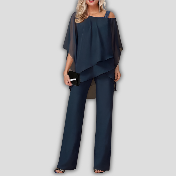 Eleganter 2-teiliger Chiffon-Hosenanzug mit mehrlagigem Cape-Oberteil