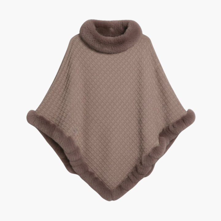 Damen Strick-Poncho mit Kunstfellbesatz und Übergröße