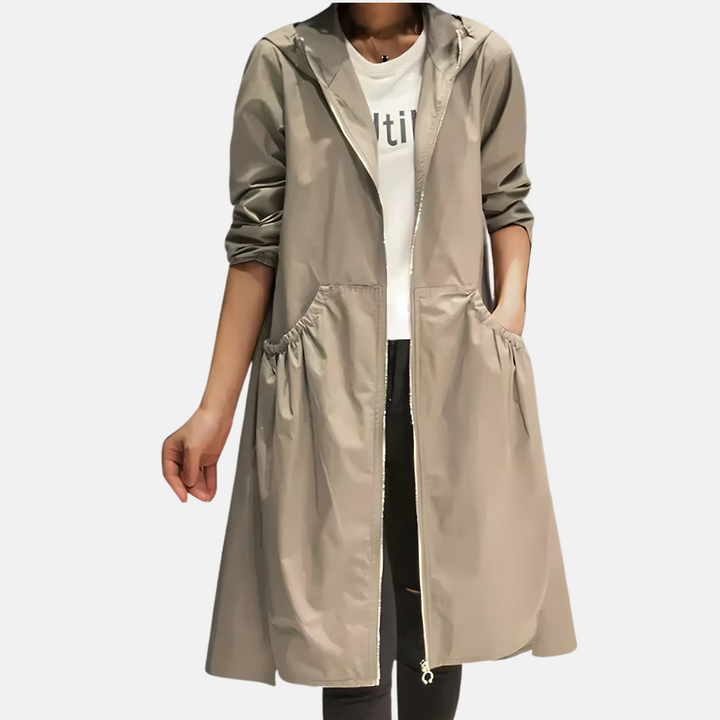 Wasserdichte Damenjacke mit Kapuze und knielangem Schnitt