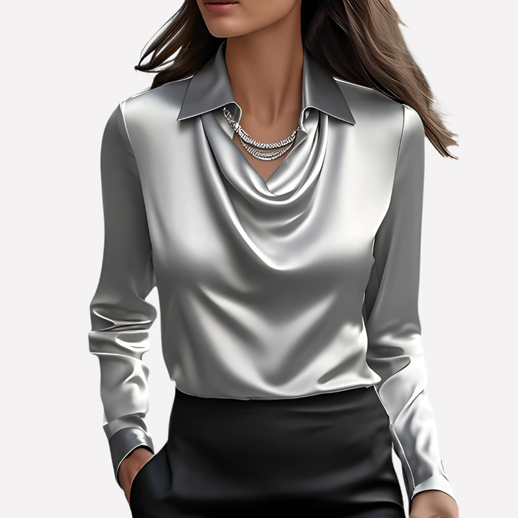Damen-Satinbluse mit drapiertem Kragen