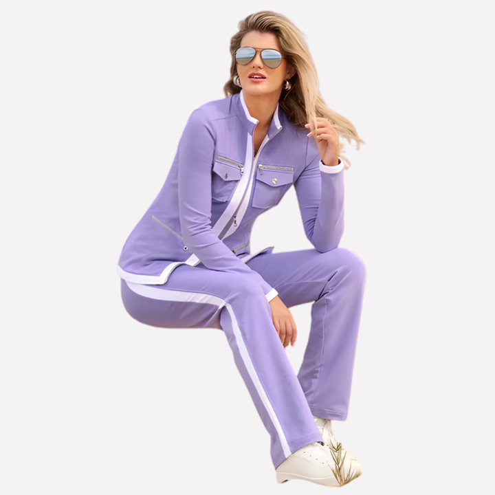 Damen Zip-Jacke & Hosen-Set – Kontrastbesatz-Stil