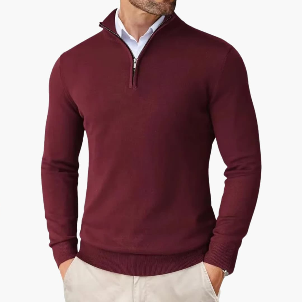 Herrenpullover mit Viertelreißverschluss und geripptem Saum