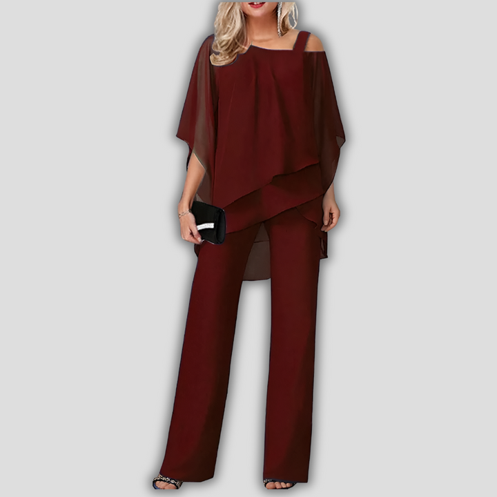 Eleganter 2-teiliger Chiffon-Hosenanzug mit mehrlagigem Cape-Oberteil
