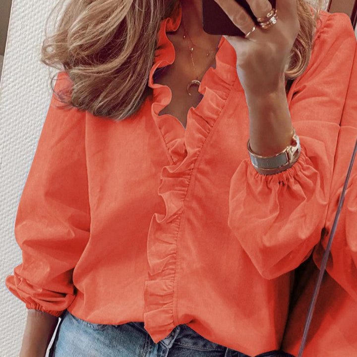 Bluse mit Rüschenbesatz in Blaugrün und Puffärmeln