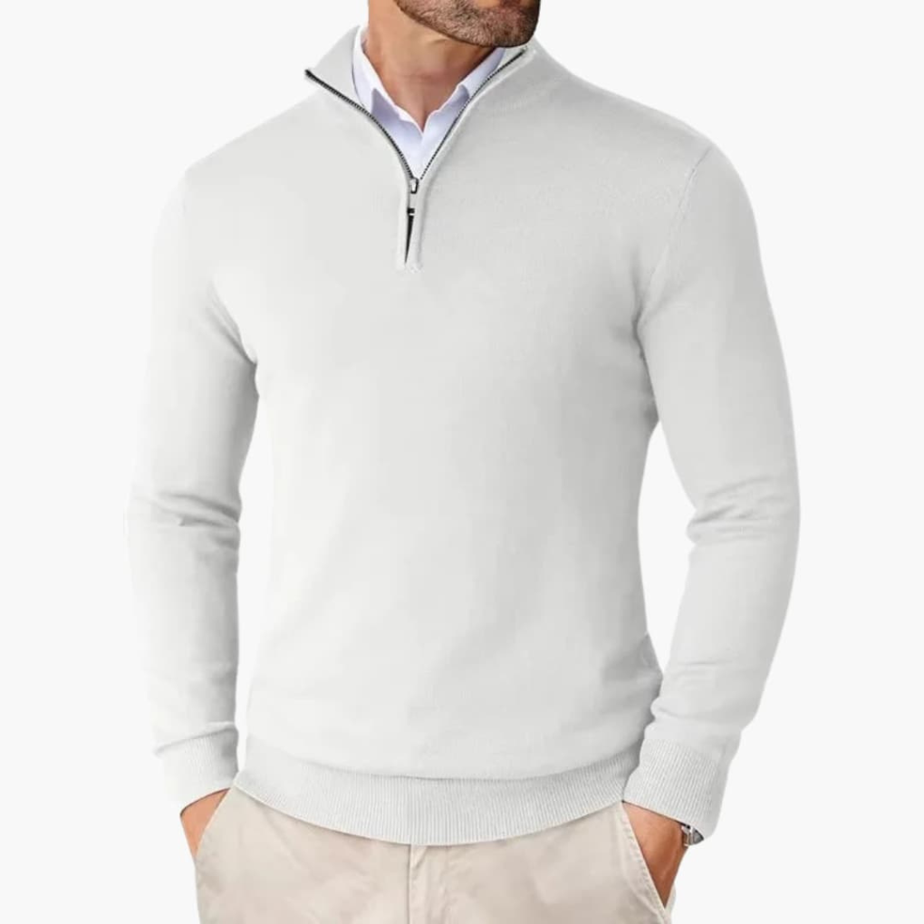 Herrenpullover mit Viertelreißverschluss und geripptem Saum