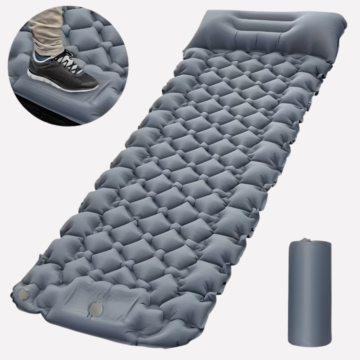 Aufblasbare Campingmatte mit integrierter Pumpe und Kissen