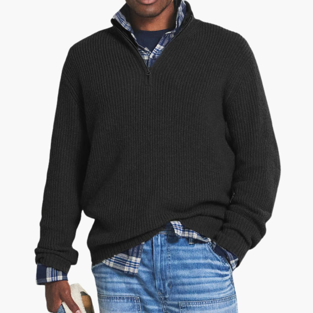 Herren Rippstrickpullover mit halbem Reißverschluss