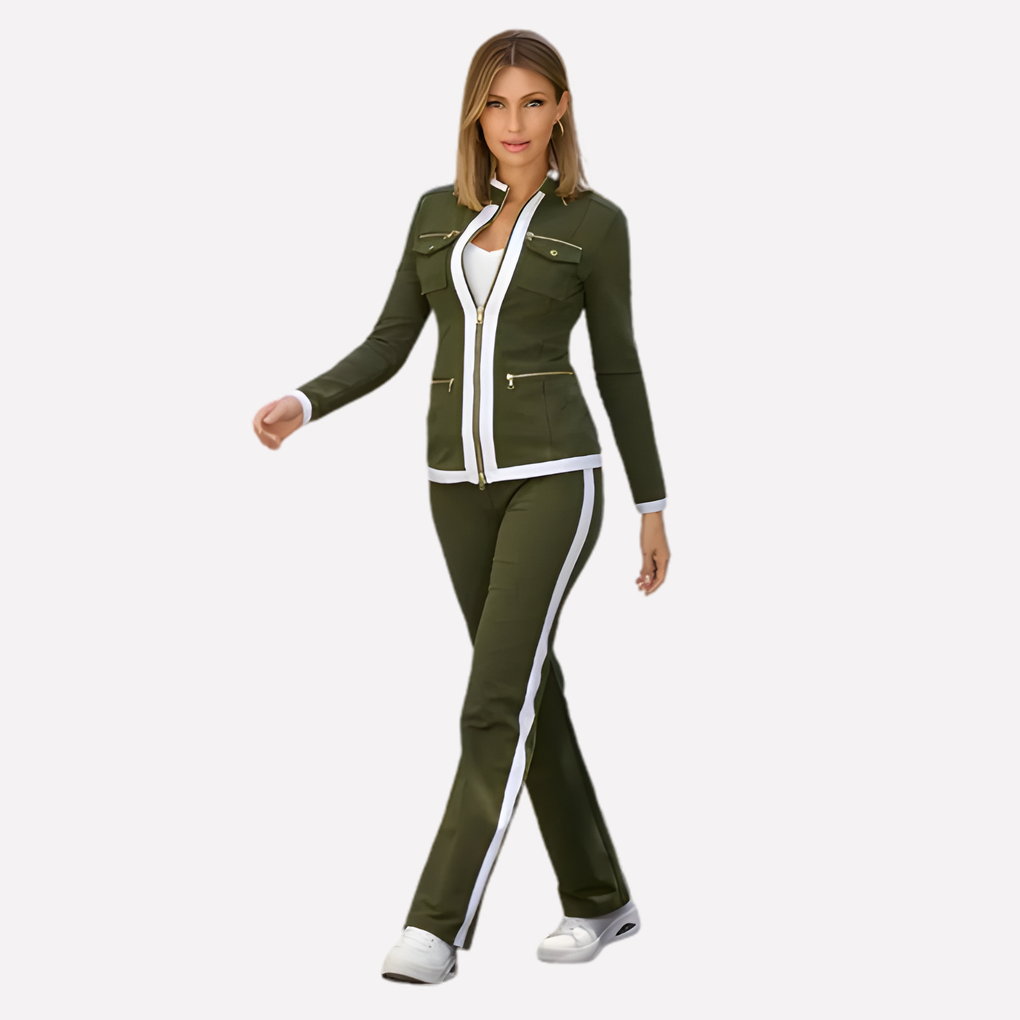 Damen Zip-Jacke & Hosen-Set – Kontrastbesatz-Stil