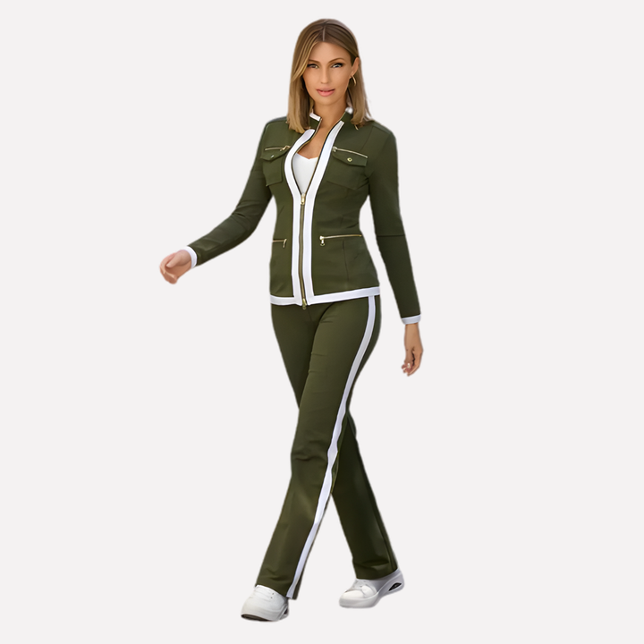 Damen Zip-Jacke & Hosen-Set – Kontrastbesatz-Stil