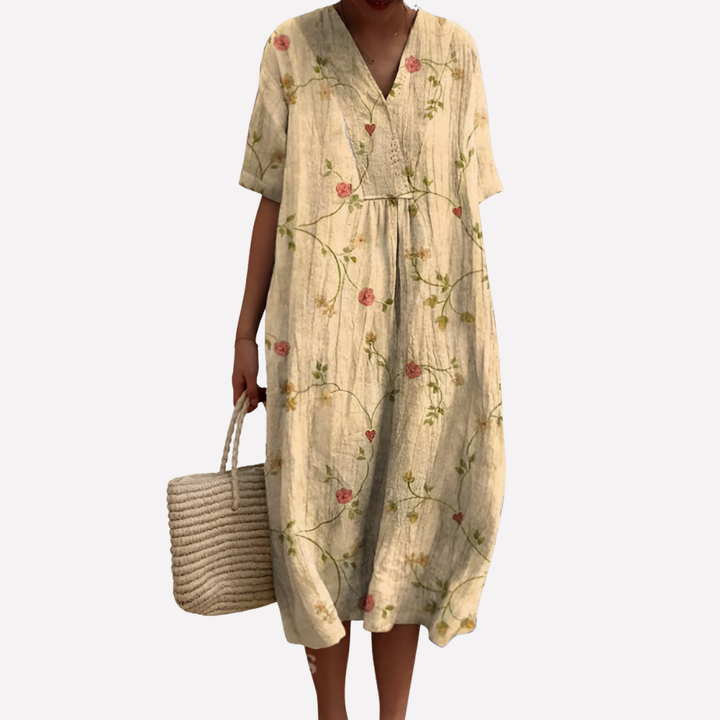 Damen Florale Sommerkleid – V-Ausschnitt & Kurze Ärmel