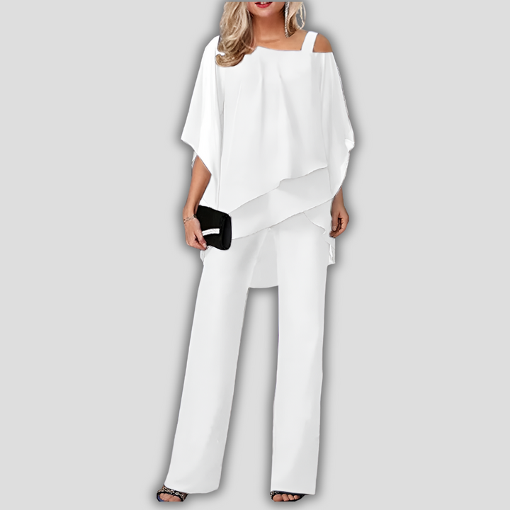Eleganter 2-teiliger Chiffon-Hosenanzug mit mehrlagigem Cape-Oberteil