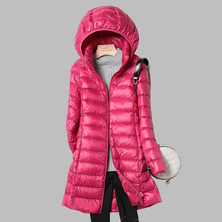 Lange Daunenjacke mit abnehmbarer Kapuze für Damen