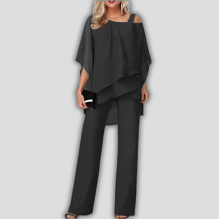Eleganter 2-teiliger Chiffon-Hosenanzug mit mehrlagigem Cape-Oberteil