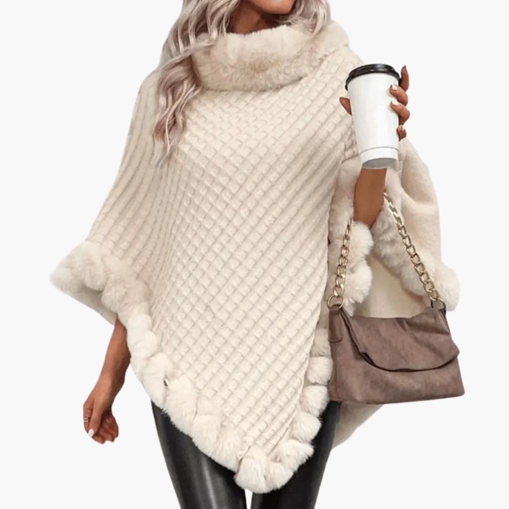 Damen Strick-Poncho mit Kunstfellbesatz und Übergröße
