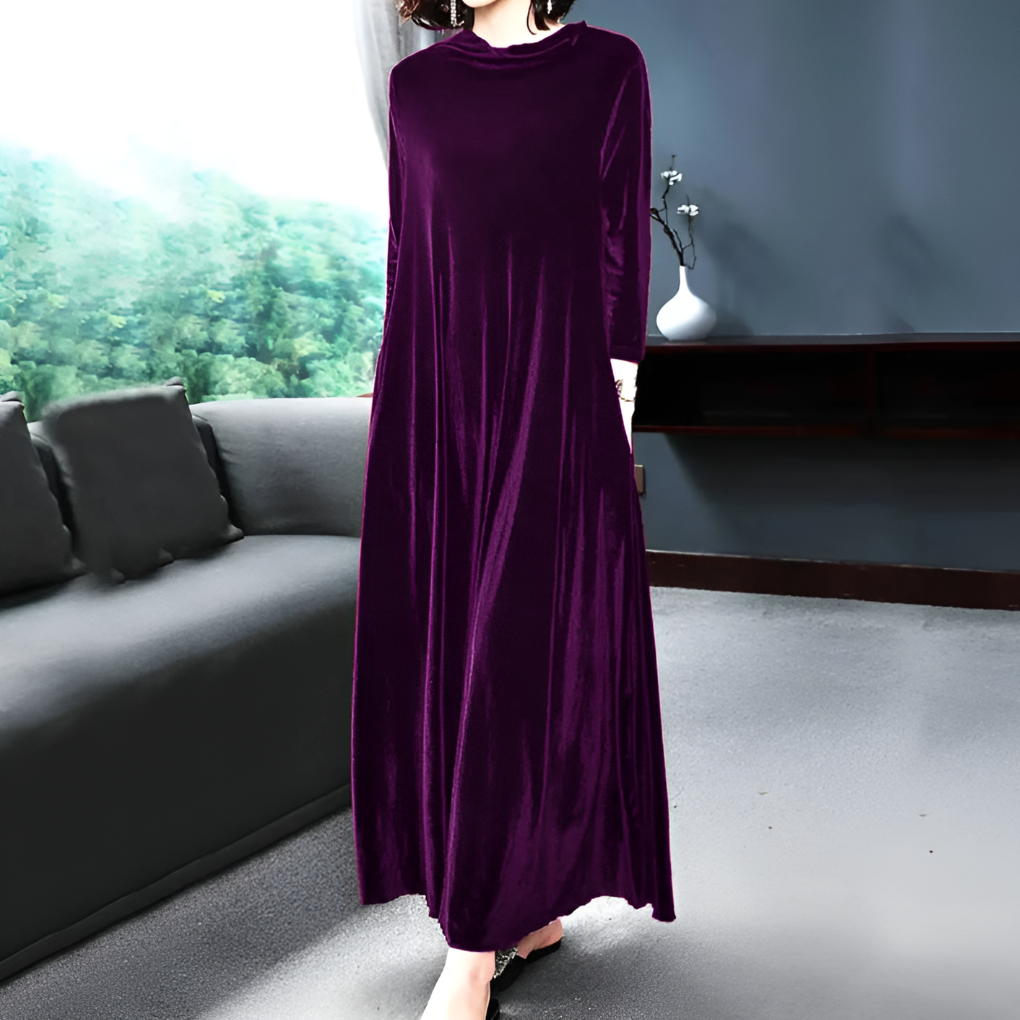 Weinrotes Langarmkleid aus Samt für Damen