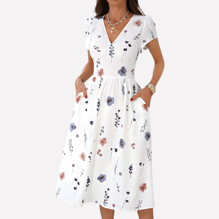 Damen V-Ausschnitt Kleid mit Taschen