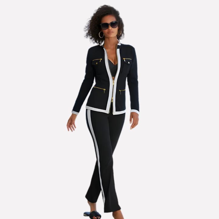 Damen Zip-Jacke & Hosen-Set – Kontrastbesatz-Stil