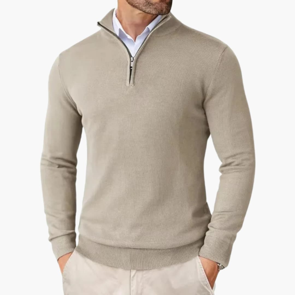 Herrenpullover mit Viertelreißverschluss und geripptem Saum