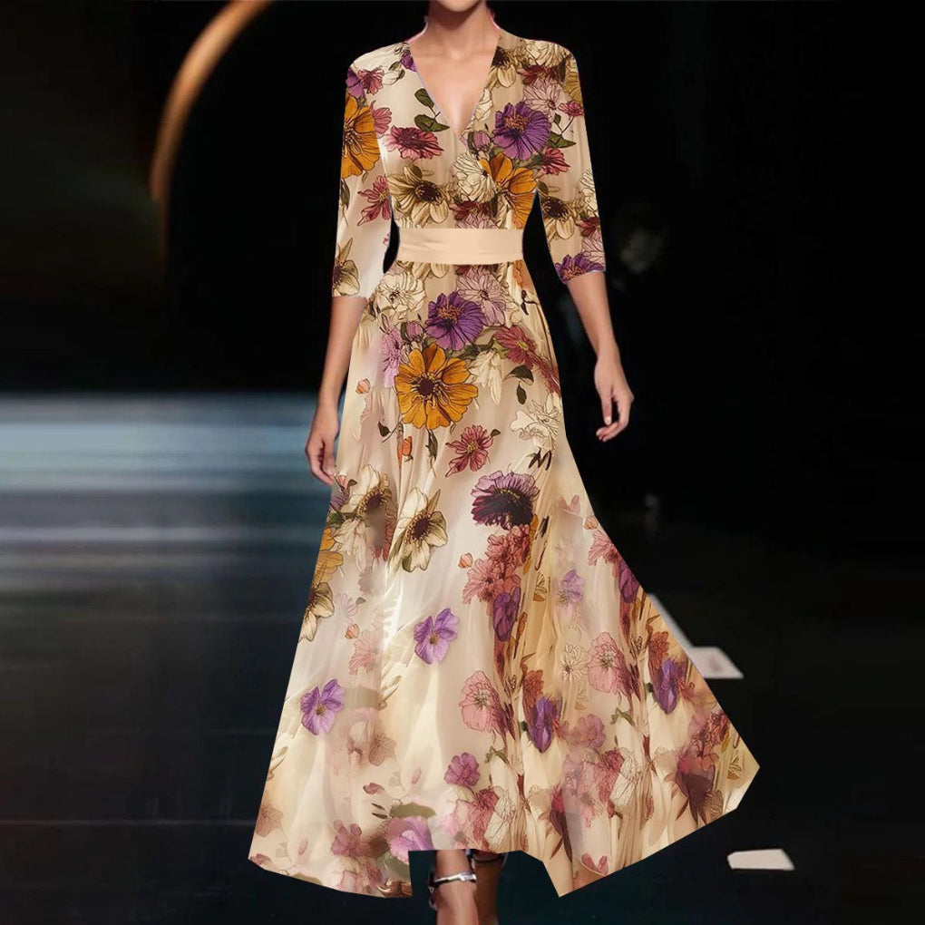V-Neck Split Short-Sleeved Floral Print A-Line Long Dress With Belt