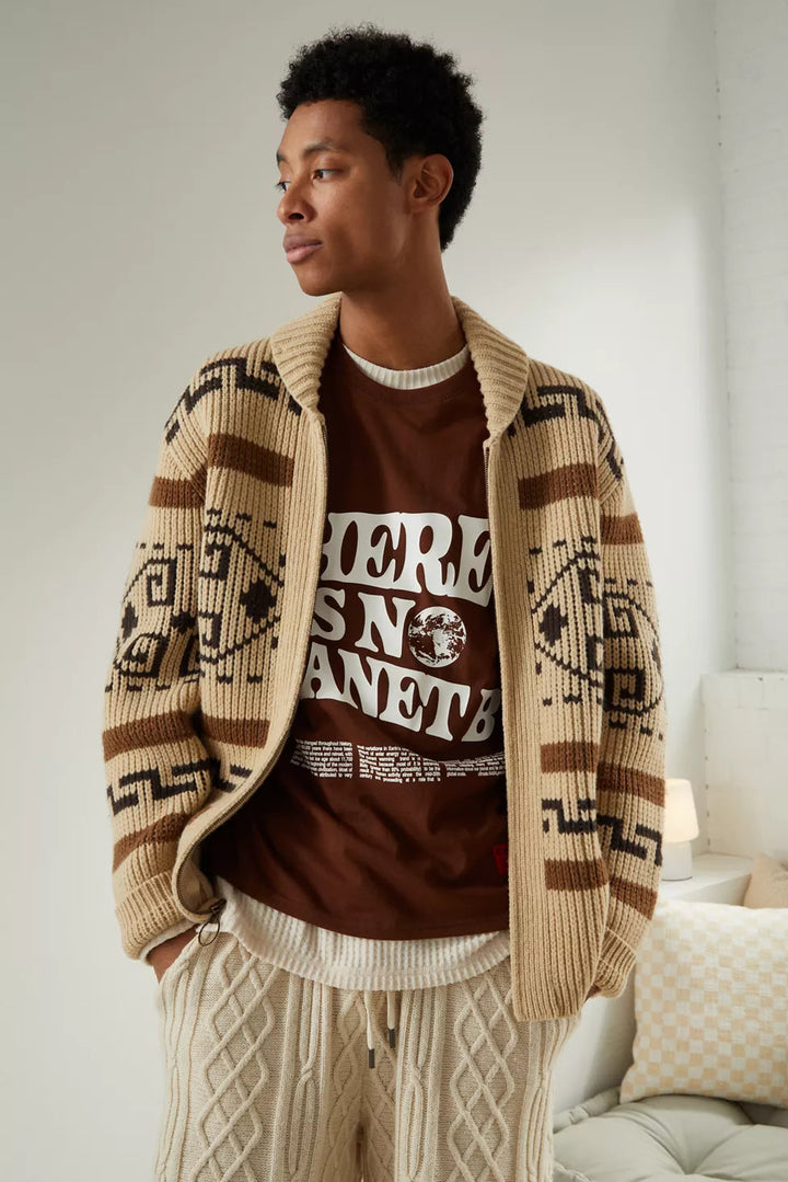 Vintage Jacquard-Strickjacke für Herren mit Reißverschluss