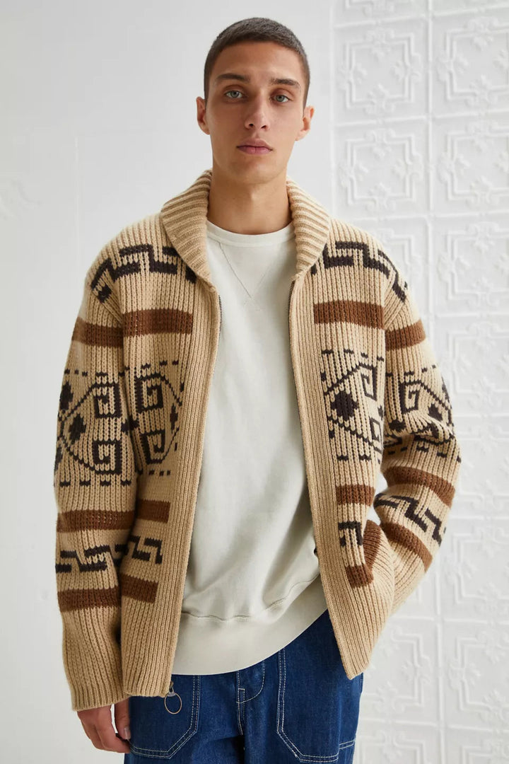 Vintage Jacquard-Strickjacke für Herren mit Reißverschluss
