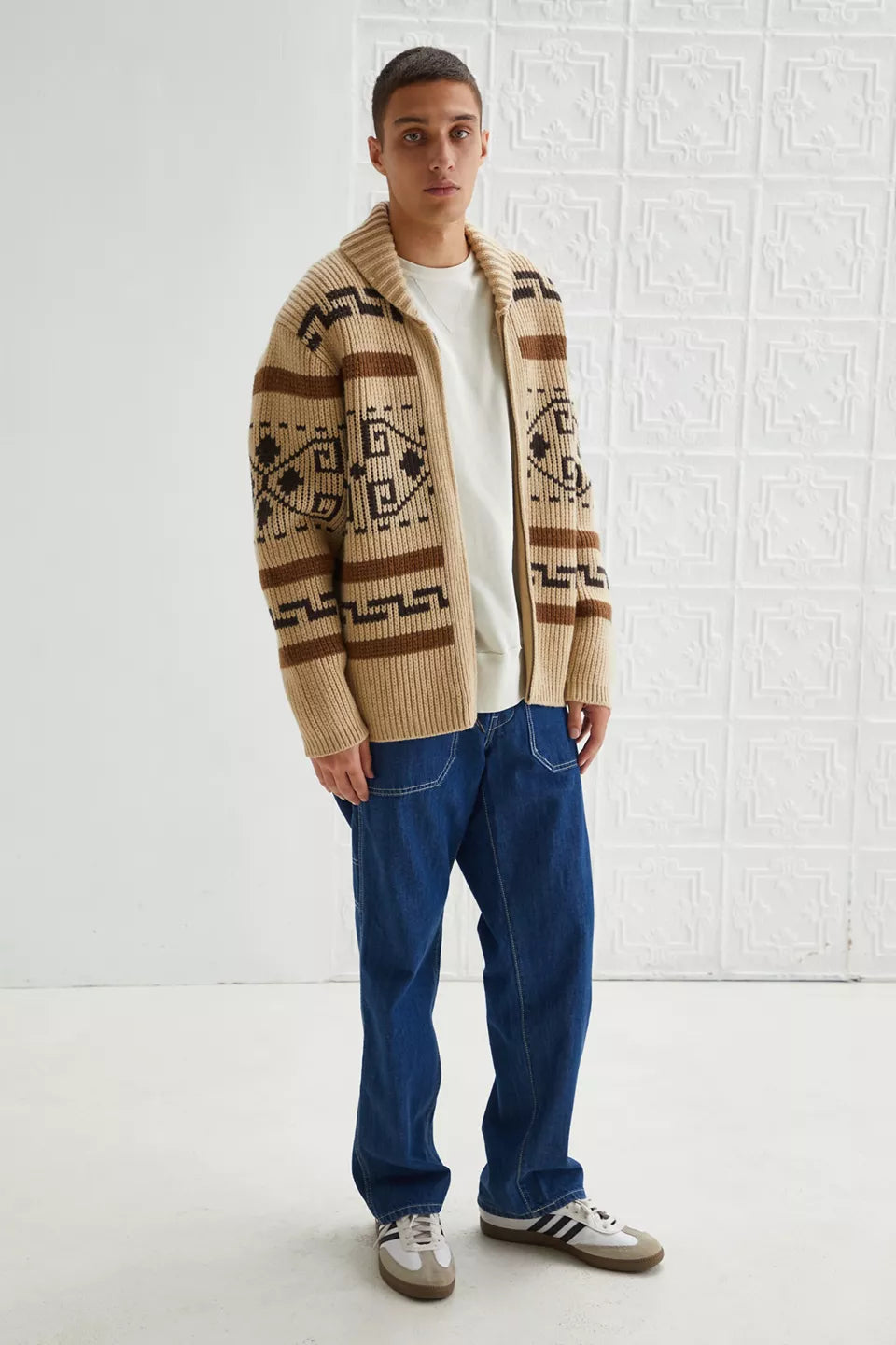Vintage Jacquard-Strickjacke für Herren mit Reißverschluss