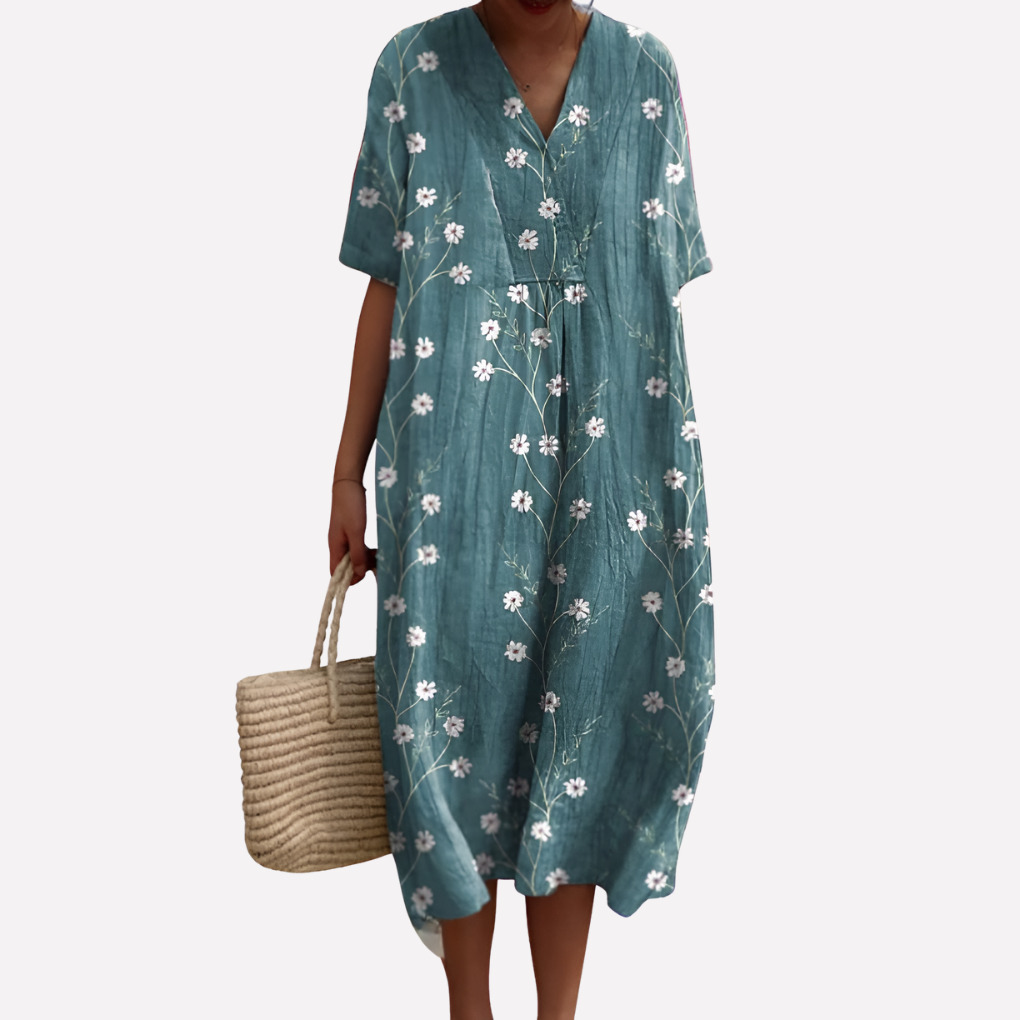 Damen Florale Sommerkleid – V-Ausschnitt & Kurze Ärmel