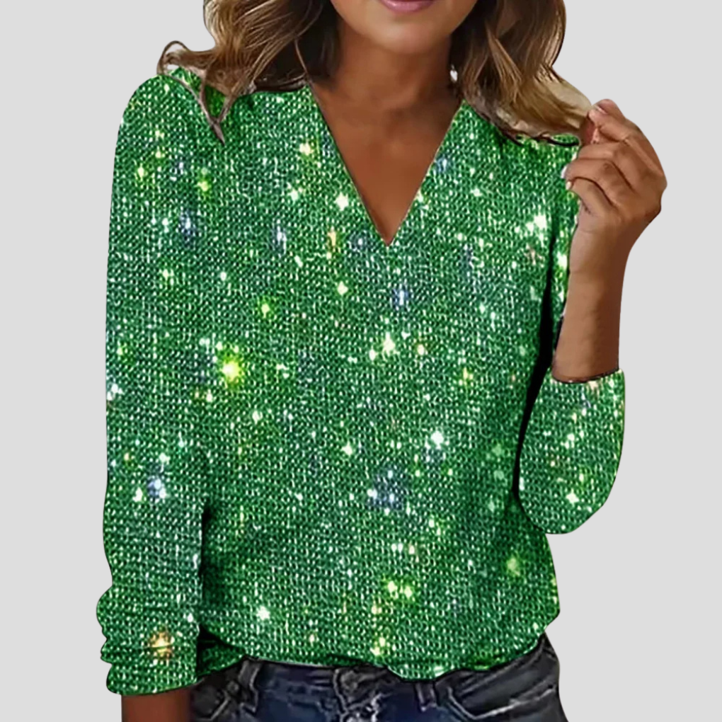 Elegante Bluse mit V-Ausschnitt und Glitzer sowie langen Ärmeln