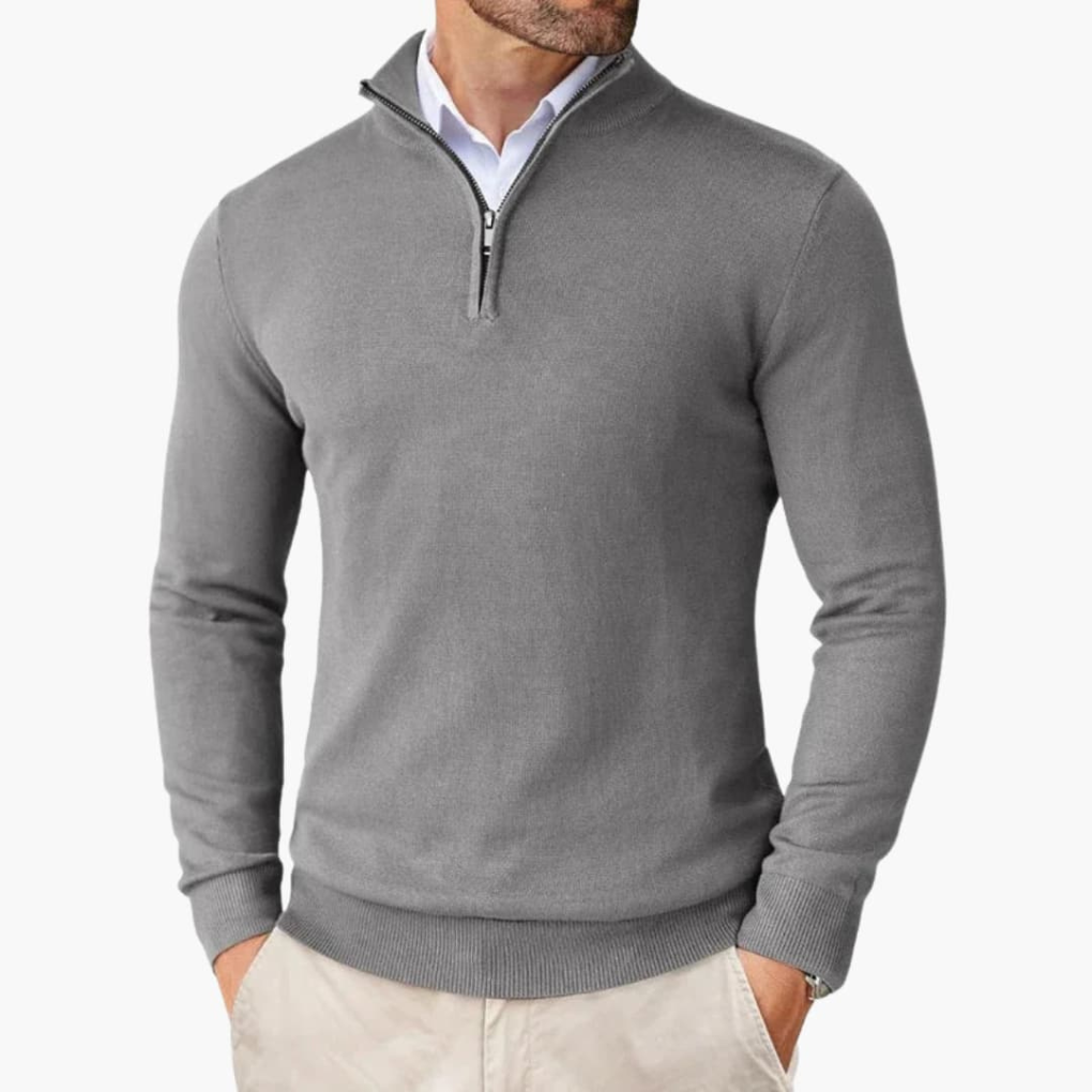 Herrenpullover mit Viertelreißverschluss und geripptem Saum