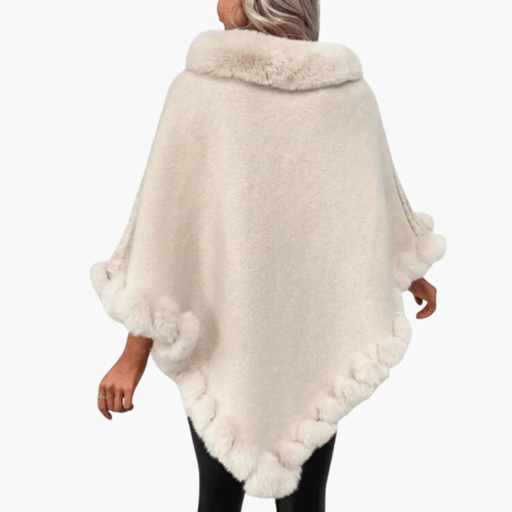 Damen Strick-Poncho mit Kunstfellbesatz und Übergröße
