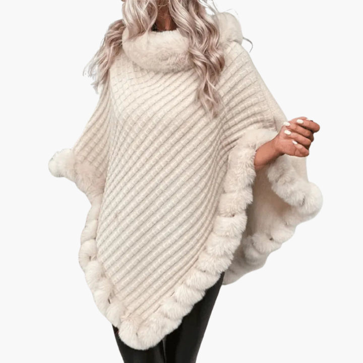 Damen Strick-Poncho mit Kunstfellbesatz und Übergröße