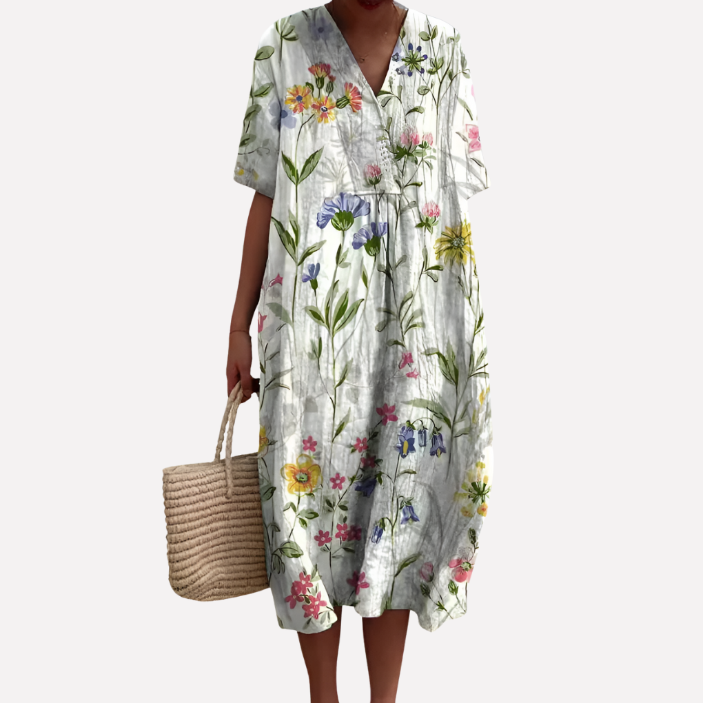 Damen Florale Sommerkleid – V-Ausschnitt & Kurze Ärmel