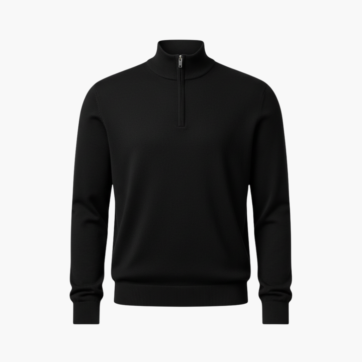 Herrenpullover mit Viertelreißverschluss und geripptem Saum