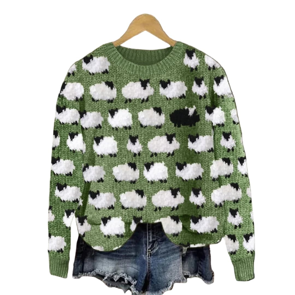 Damen Strickpullover mit Baum-Muster und Rundhalsausschnitt