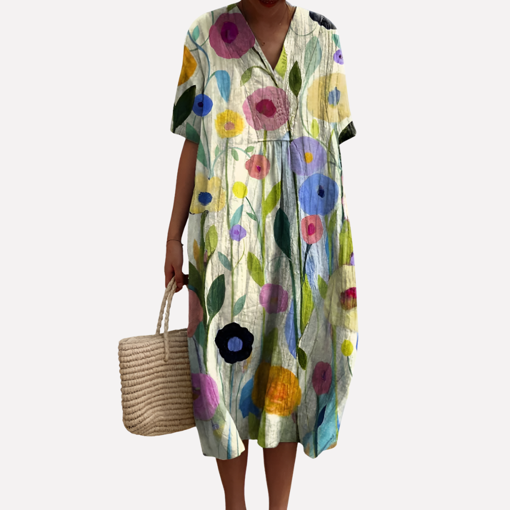 Damen Florale Sommerkleid – V-Ausschnitt & Kurze Ärmel