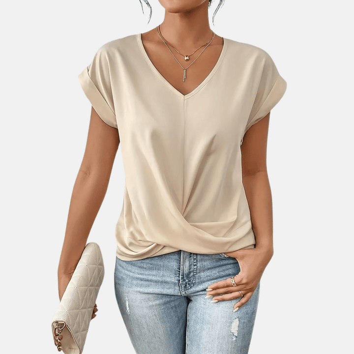 Damenbluse mit V-Ausschnitt und drapiertem Saum