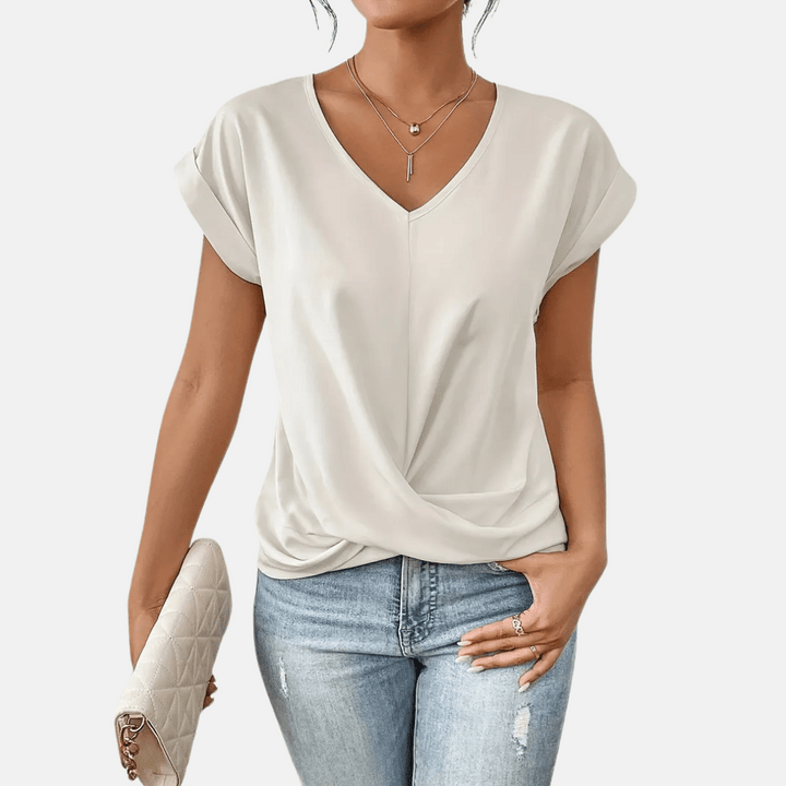 Damenbluse mit V-Ausschnitt und drapiertem Saum