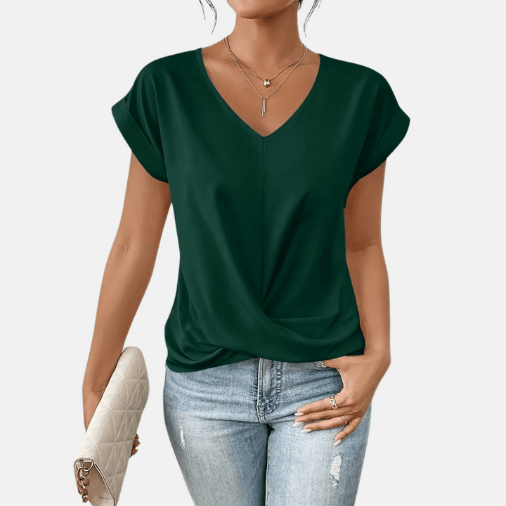 Damenbluse mit V-Ausschnitt und drapiertem Saum