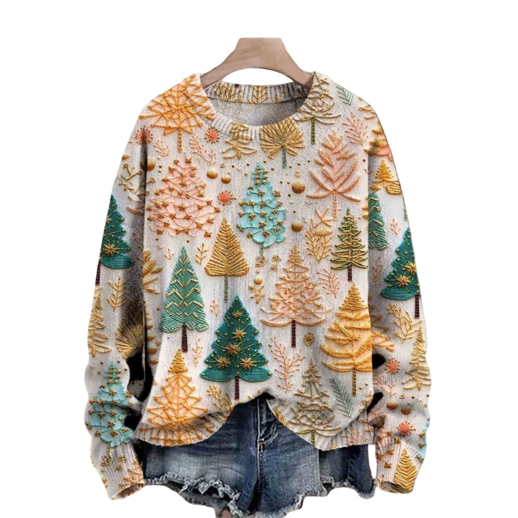 Damen Strickpullover mit Baum-Muster und Rundhalsausschnitt