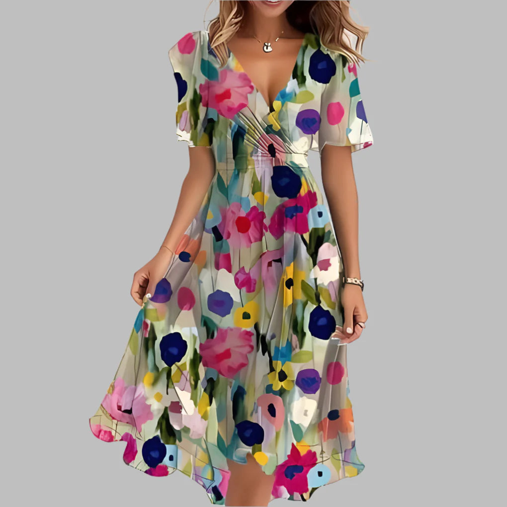 Modisches Midikleid für Damen mit Blumenmuster und Rüschen