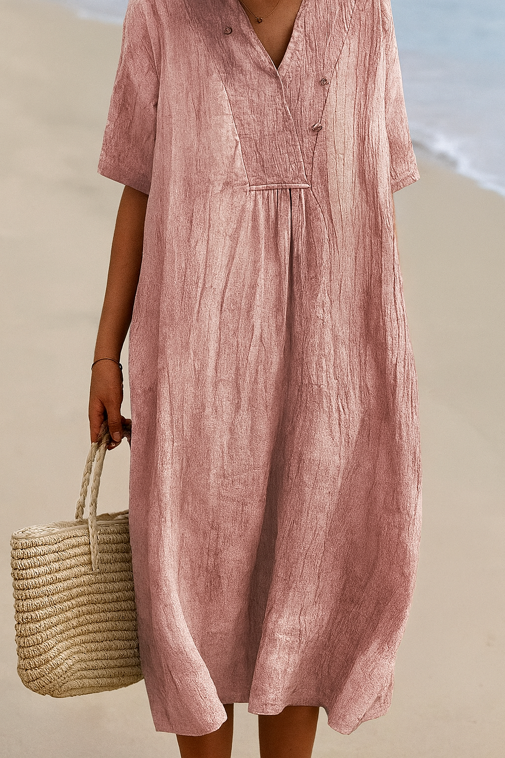 Lässiges Strandkleid mit V-Ausschnitt und kurzen Ärmeln