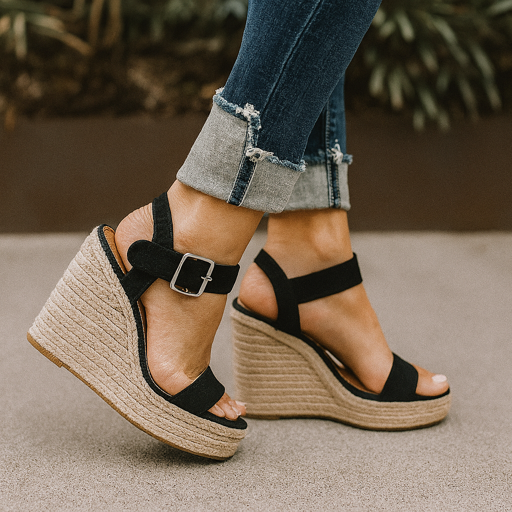 Espadrille-Sandalen mit Absatz und offener Spitze