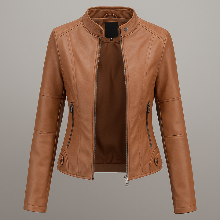 Taillierte rote Leder-Motorradjacke für Damen