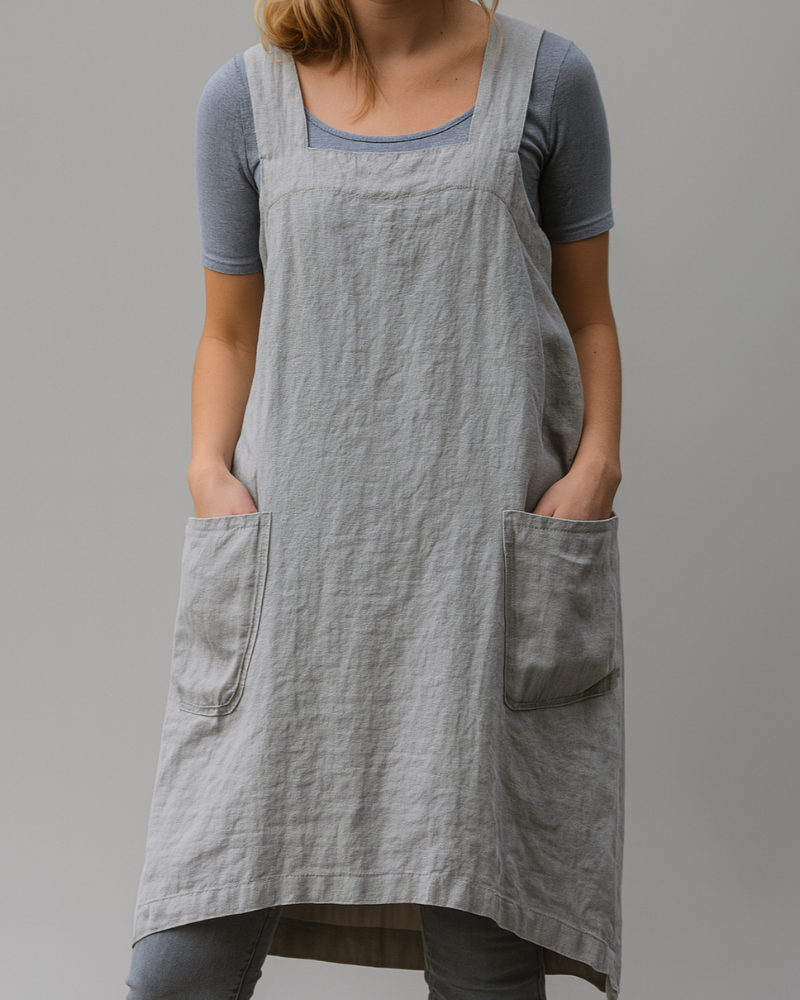 Damenkleid im Stil einer Baumwoll-Leinen-Schürze mit Taschen