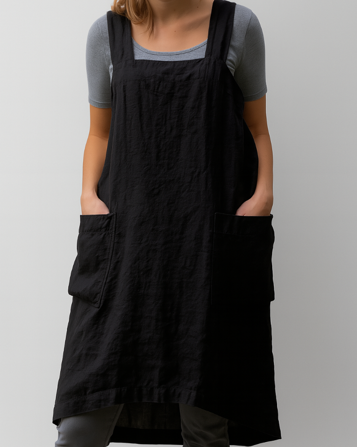Damenkleid im Stil einer Baumwoll-Leinen-Schürze mit Taschen